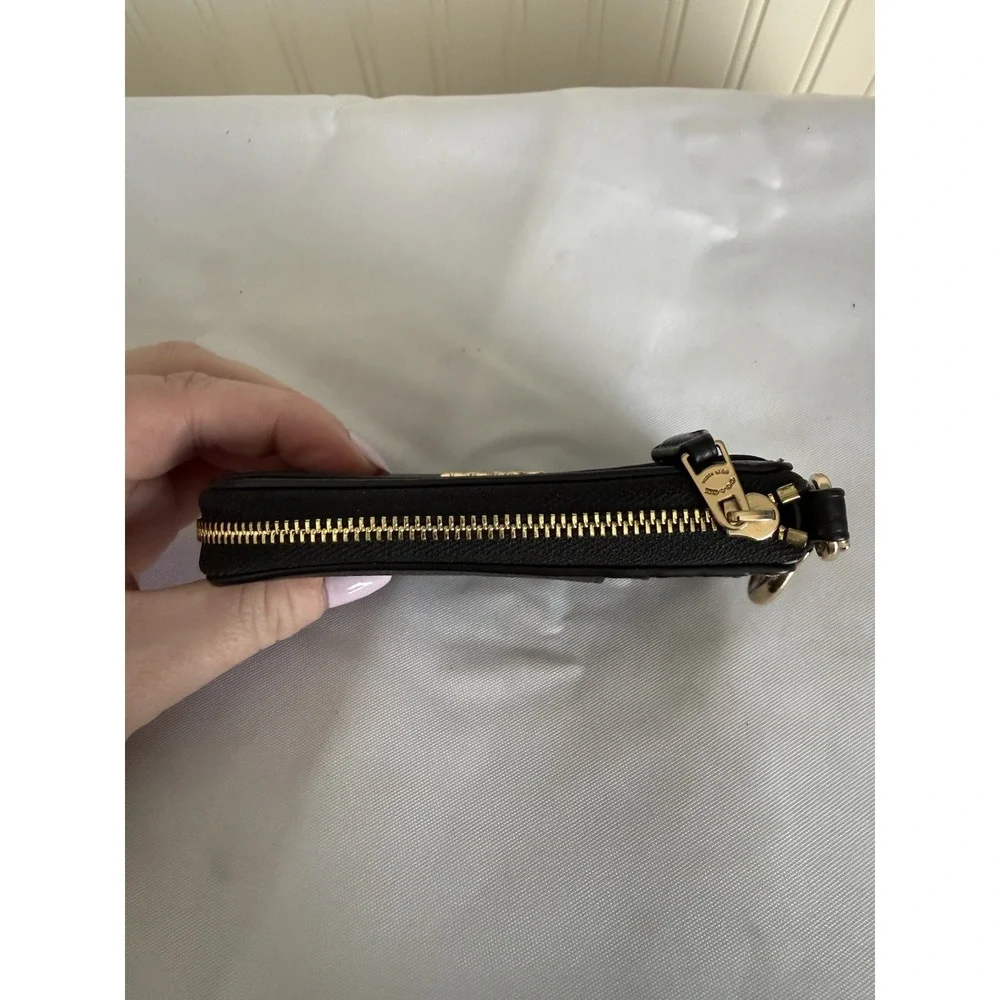 COACH Black Pebbled Leather Multi-Function Card Case Wallet Bag Charm Keychain